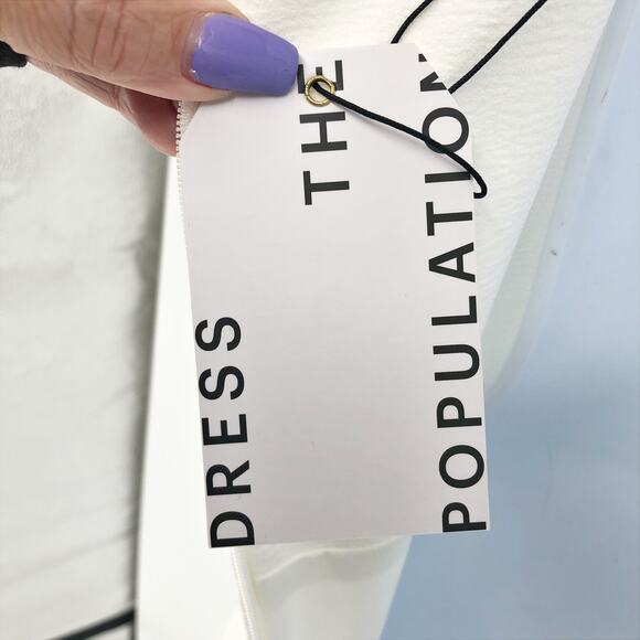 DRESS THE POPULATION Rory Midi Sheath Dress XS Off White Fringe Hem NWT - Picture 12 of 15